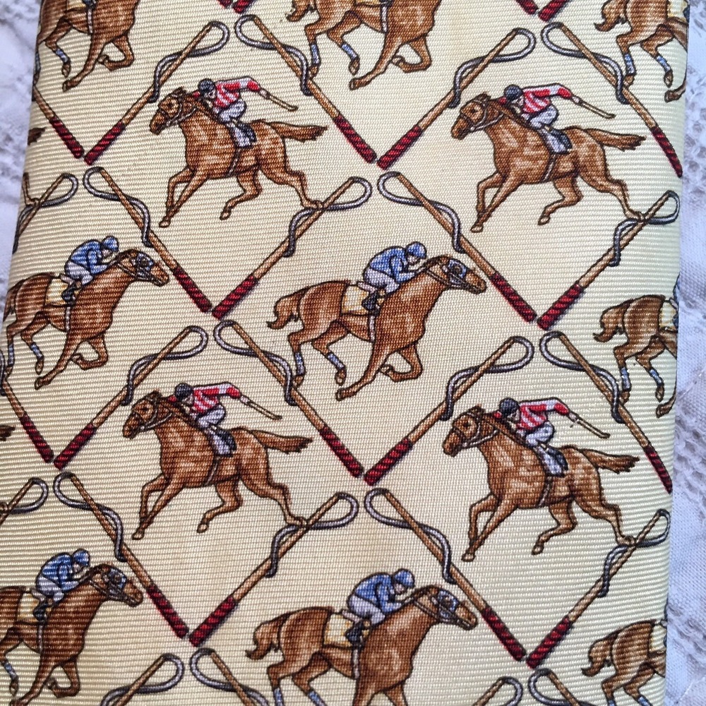 Benjamin James Makers & Merchants Mens 100% Silk Necktie Yellow Horse Jockey Tie - Picture 2 of 5